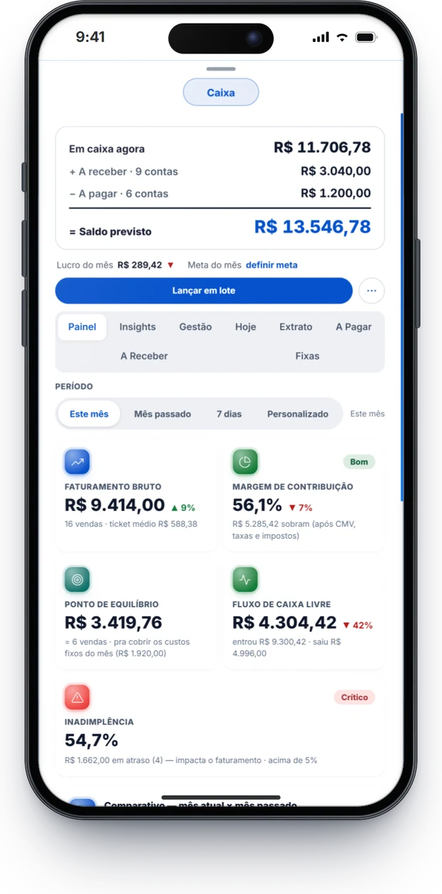 Celular mostrando o painel do Caixa real do NovaOS