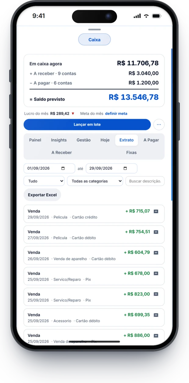 Celular mostrando o Caixa real do NovaOS, com saldo, contas e o extrato de vendas